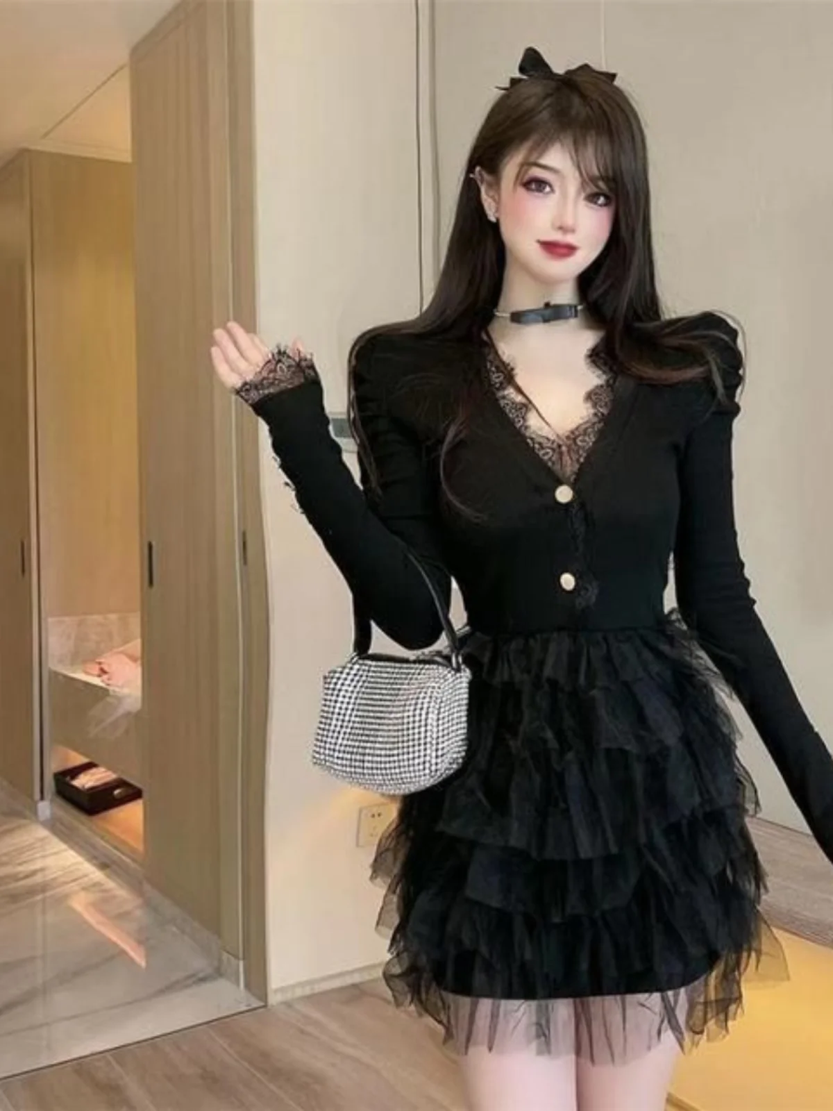 

Plus Size plus Size Cake Skirt Dr V Ne Long Sve Slimming Waist Me Layered Bla Dr for plus Size Women Spring Autumn