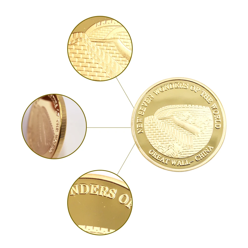 Seven Wonders-Banhado a ouro Challenge Coin, Badge World Architecture, Decoração Gold Coin, Coleção de Moedas Comemorativas, 7 peças por conjunto