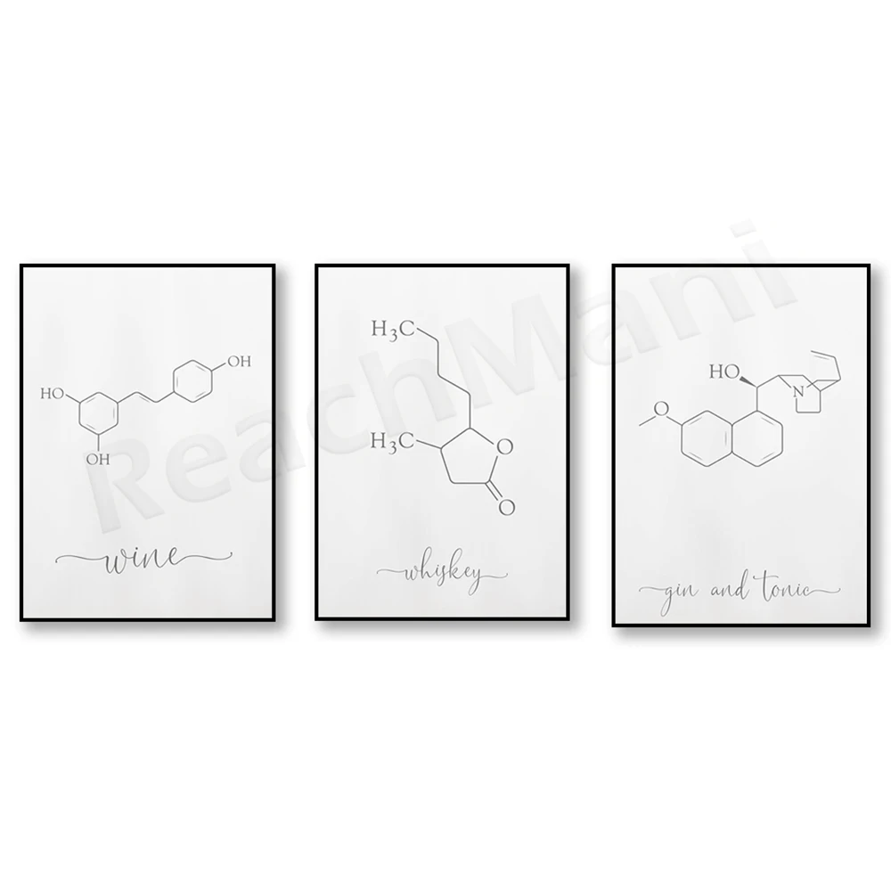 Drink wall art poster. Beverage home decor print, wine, gin, whiskey chemical recipes. Molecular poster.