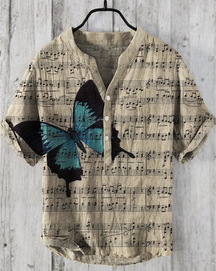 Men\'s casual fashion assassin print Chinese style linen short sleeved shirt loose fit V-neck top