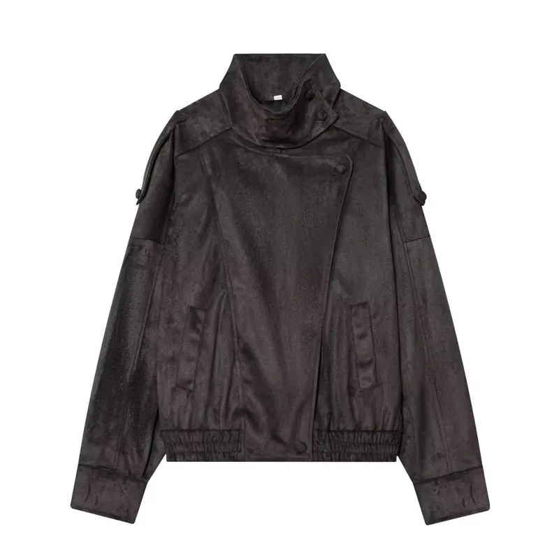 2026Classic Commuter Style Loose Short Jacket with Stand Collar Asymmetrical Zipper Long Sleeves Workwear Casual Short Coat