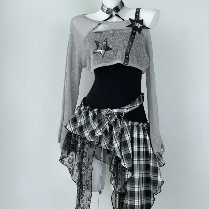 

Korean Y2k Aesthetics Two Peices Sets Women Plaid Irregular Strap Dresses Gothic Knitted Hole Cropped Tops Female Grunge Outfits