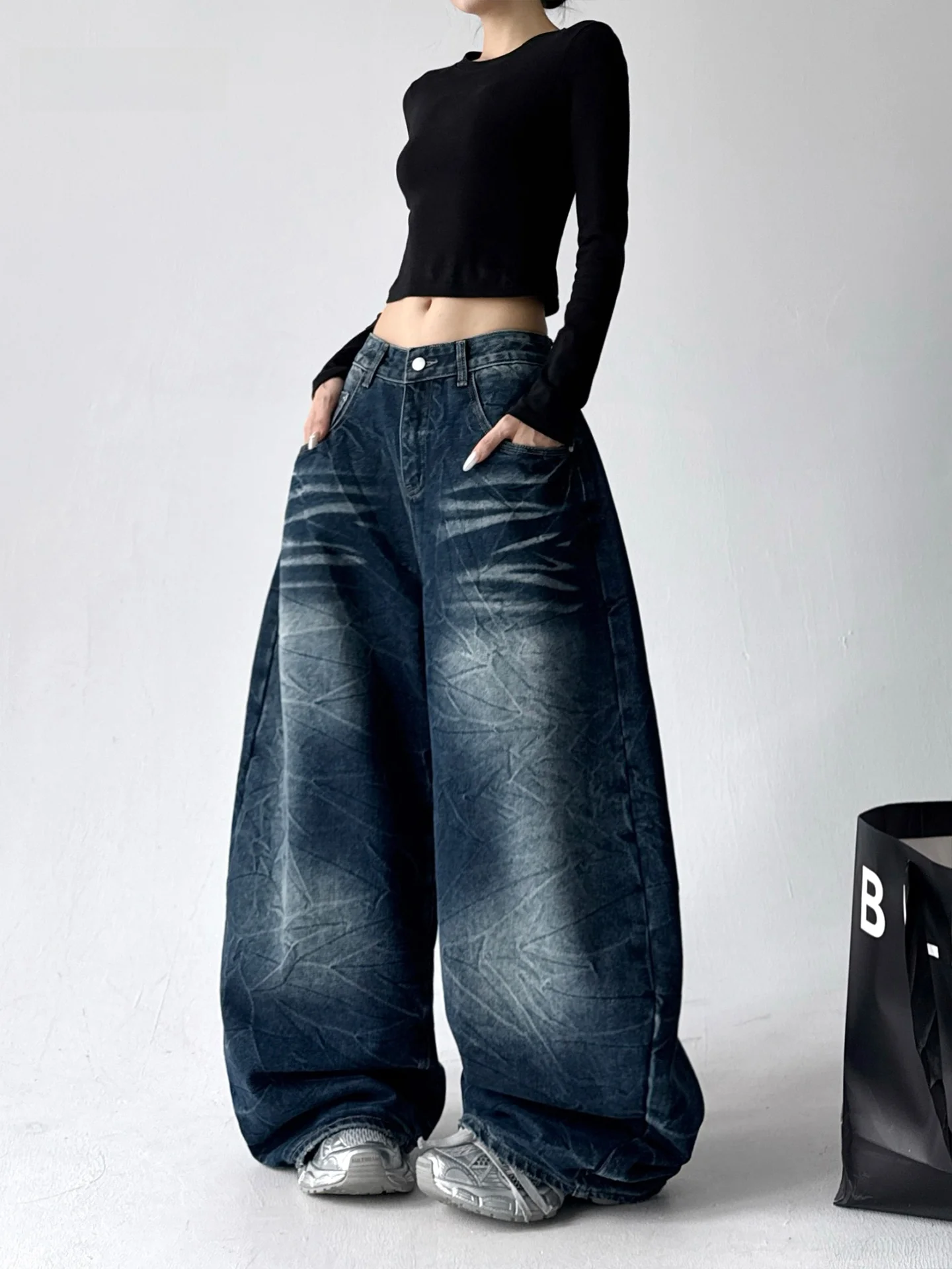 

Low Waist Loose Fit Women's Denim Jeans Knife Waed Mustache Autumn Winter New Sle Versatile Slimming Wide Leg Pants