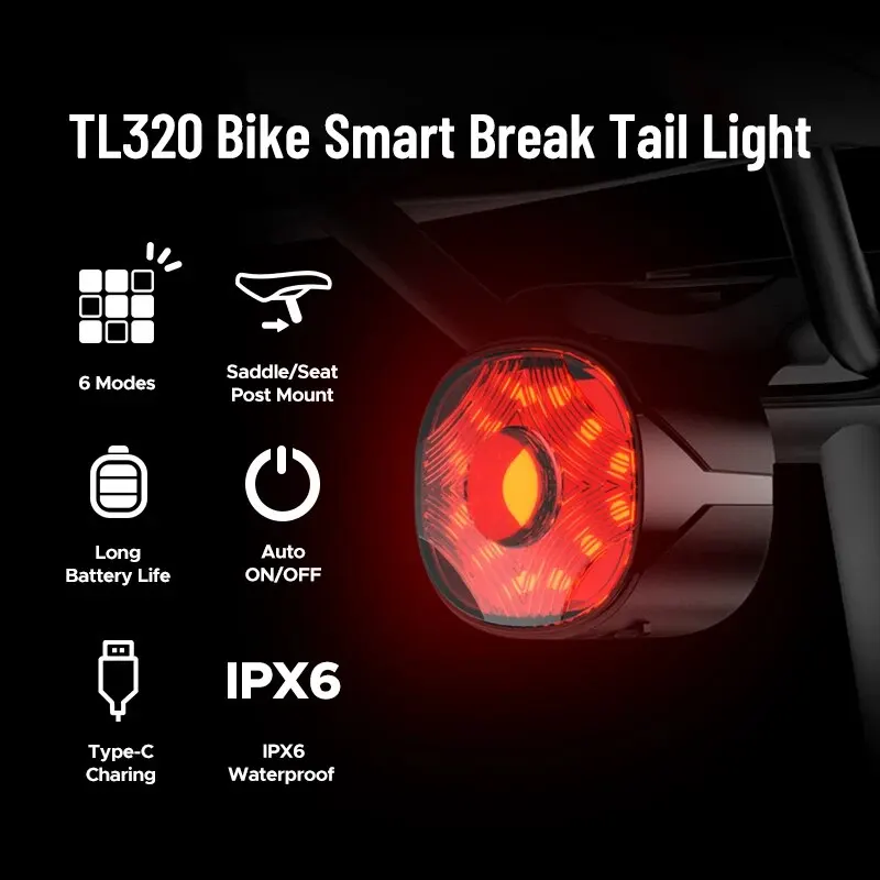 GEOID TL320 Bike Tail Rear Light Smart Brake Sensing Waterproof Safety Warning Light Type-C Charging Bicycle Taillight