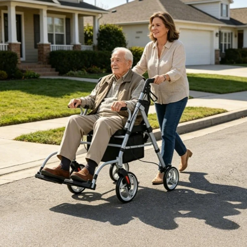 All Terrain Walkers for Seniors, Rollator Walker with Seat Foldable Aluminum Elderly Walker, Suitable for Heights175-200cm Use