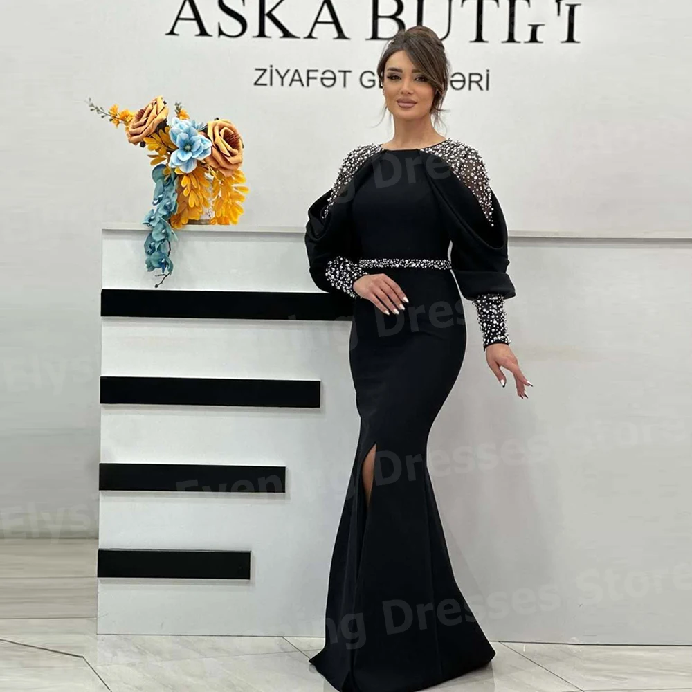 2025, sexy schwarze Damen-Abendkleider, Perlen-Abschlussball-Kleider, O-Ausschnitt, lange Ärmel, individuell gestaltet, geteilt, formelle Party, Vestidos Para Mujer