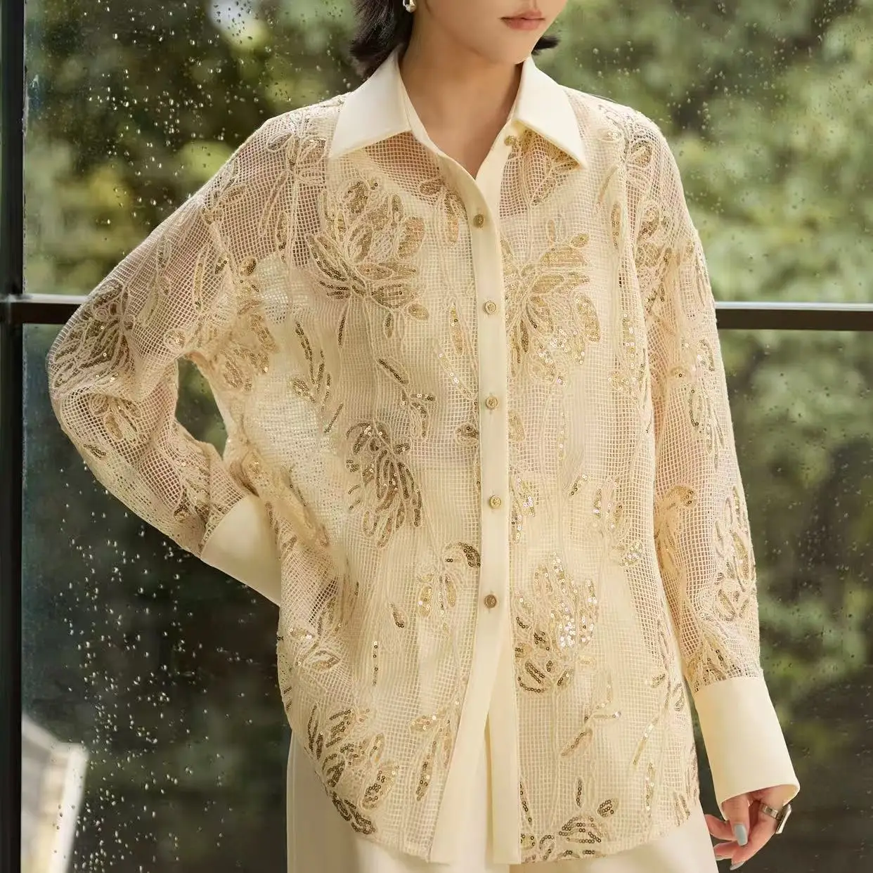 新作 スパンコール刺繍シャツ ブラウス レディース 長袖 ルーズ カジュアル トップス 女性服