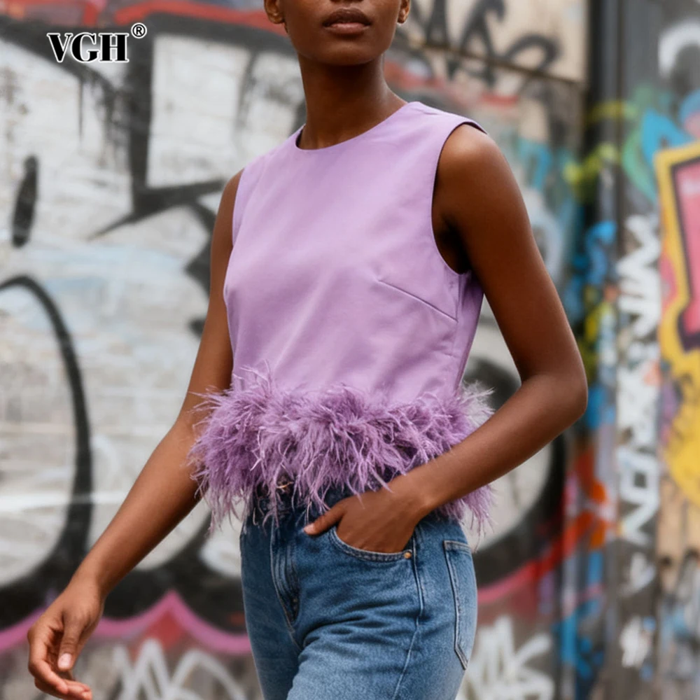 VGH Beach Style Solid Loose Casual Vests For Women Round Neck Sleeveless Spliced Fether Summer Cute Short Vest Female Fashion