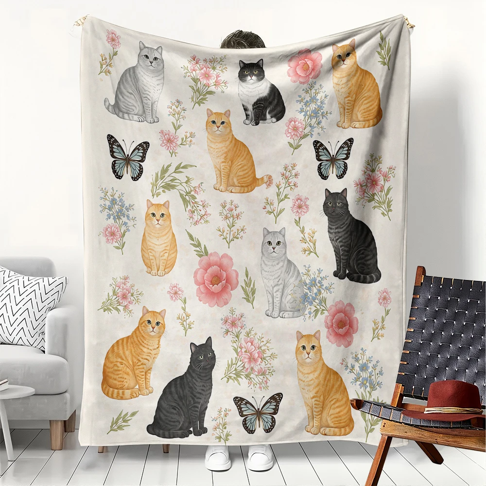 1PC Blanket Vintage Flowers Cats arts Soft Flannel Thin blankets for Home School Car Naps Camping Perfect gifts four season use