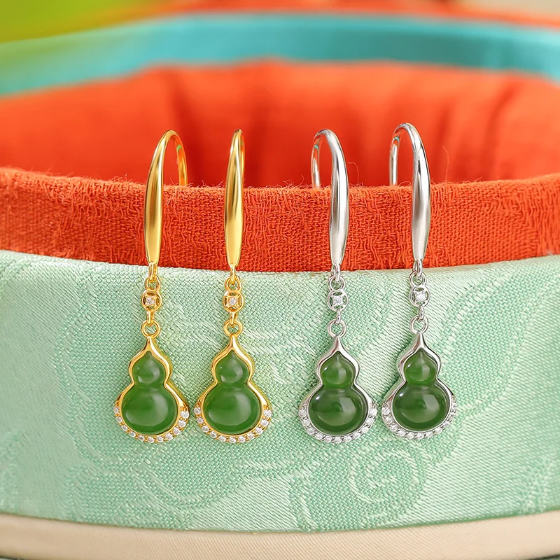 S925 Sterling Silver Gold-Plated Hetian Jade Fortune Gourd , New Style Earrings