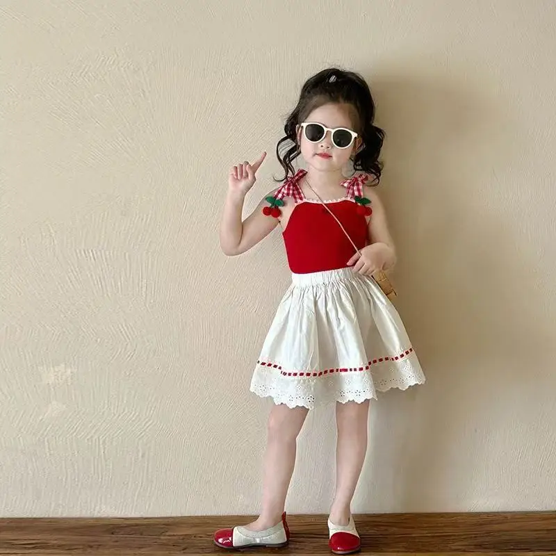 

2025 New Short Skirt Girls Beaded Flying Sleeve T-shirt Princess Skirt All Matching Pompous Skirt Children 90-140cm