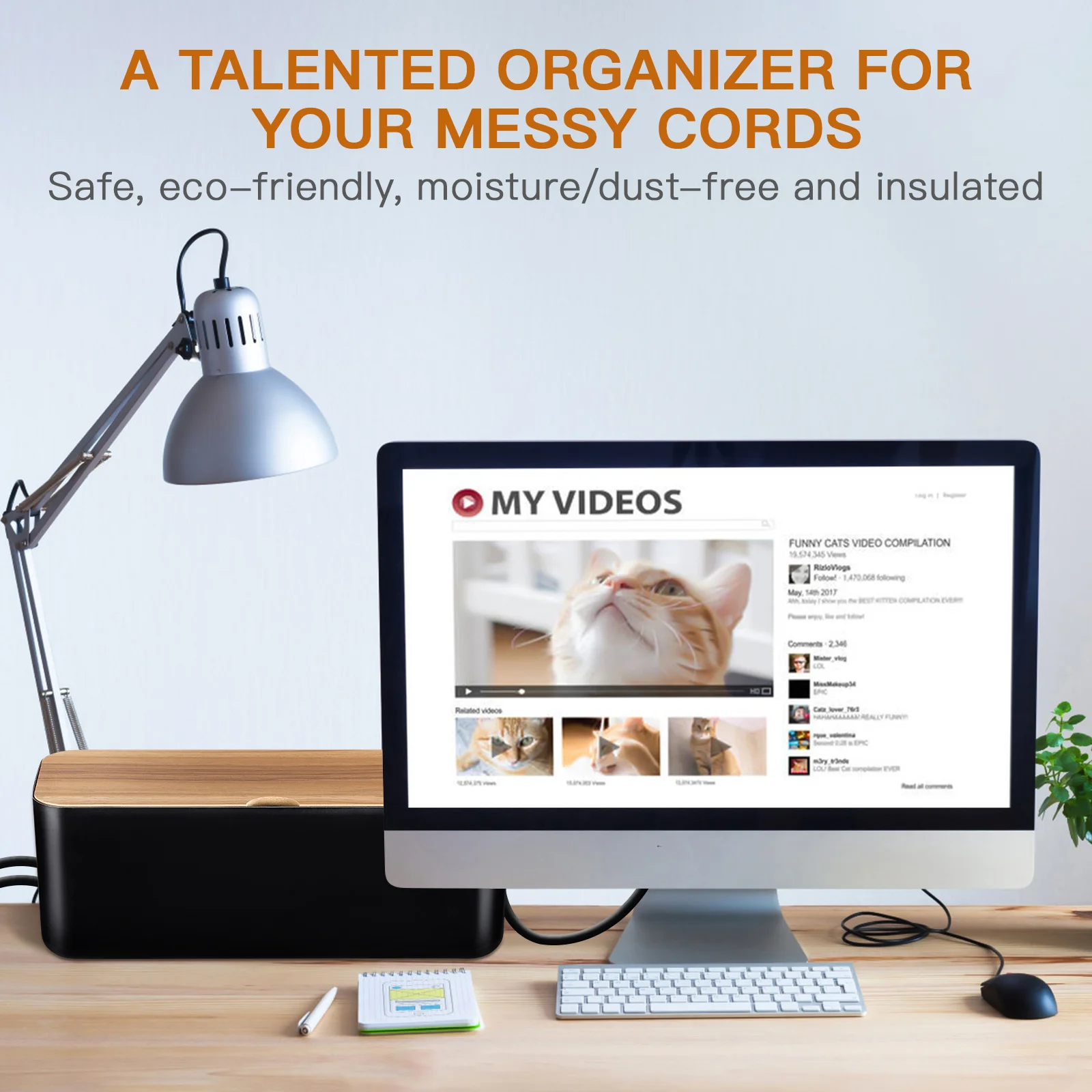 

Cable Organizer Premium ABS Flame Retardant Heat Resistant Wire Management Box Hide Cords Black Bamboo Desktop Cleaner Storage