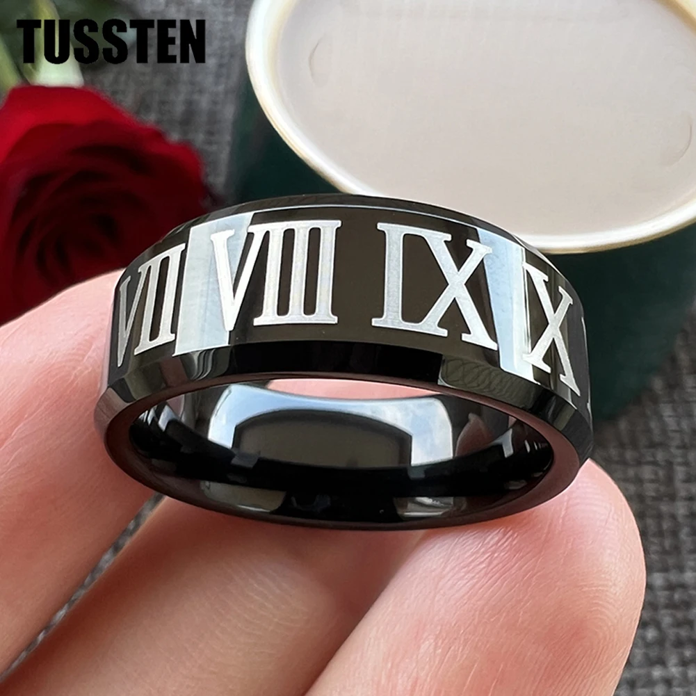 

TUSSTEN 6/8MM Tungsten Rings for Men Women Engagement Rings Roman Numeral Engraved Beveled Polished Comfort Fit