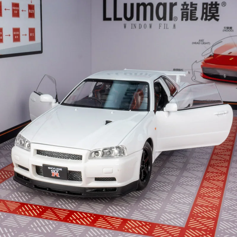 

1/24 Nissan GT-R R34 skyline alloy car model Skyline sports car toy door and hood trunk can be opened
