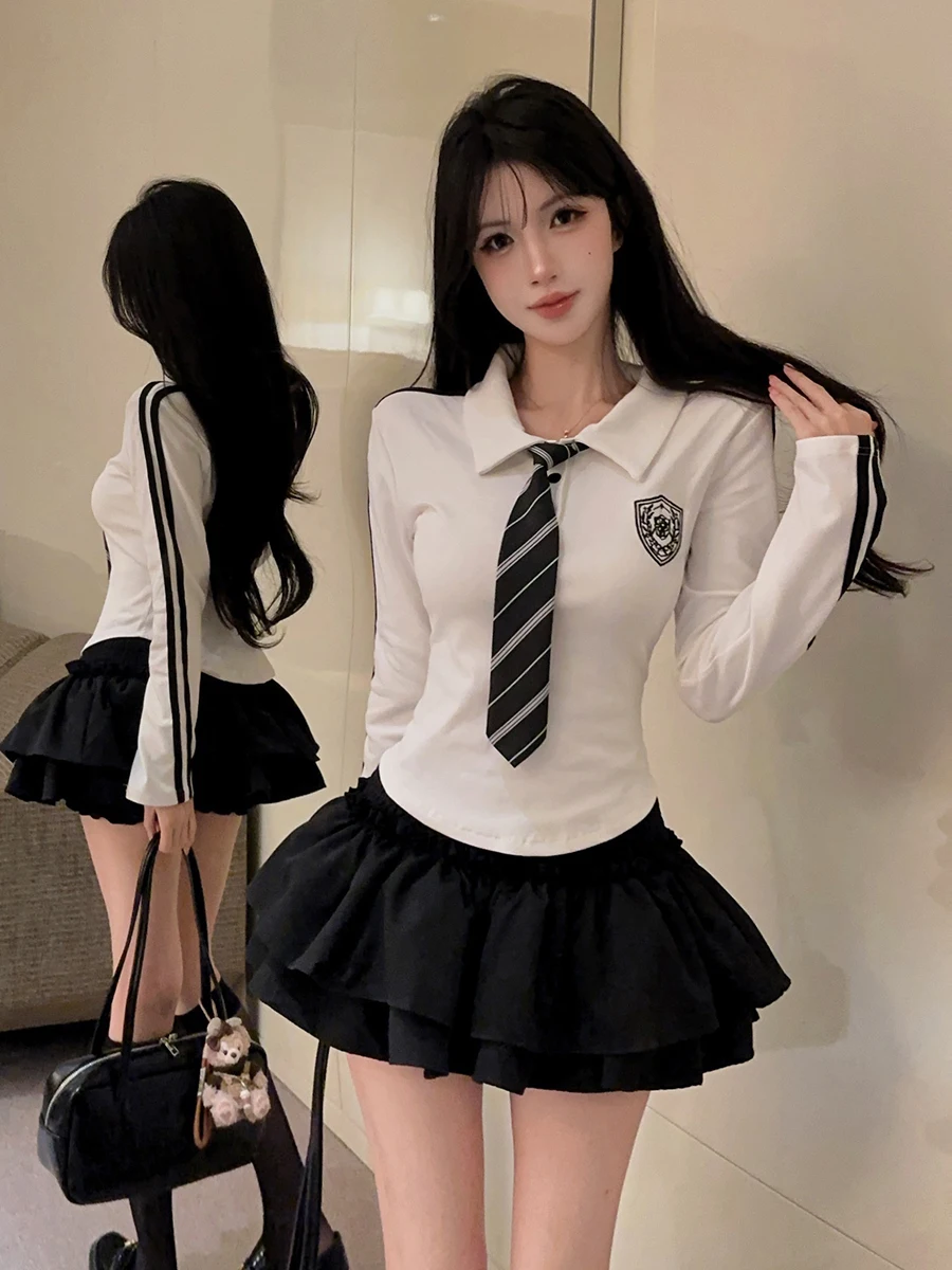 College Style Jk Uniform Embroidered  Neck Long Sleeve T Shirt Top And High Waist Puffy Cake Skirt Set Women's Fashion