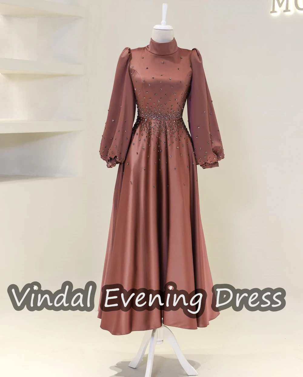 Vindal Ruffle Scoop Necklin Ankle Length A-Line Evening Dress Elegant Built-in Bra Saudi Arabia Long Sleeves Satin For Woman