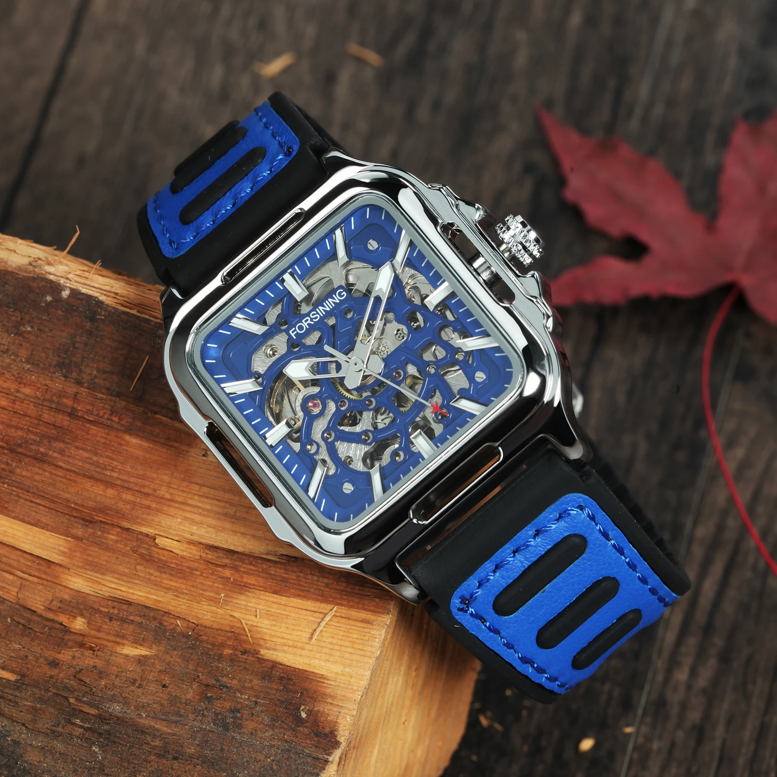 Forsining Silver Blue Sports Mechanical Watches Fashion Square Skeleton Automatic Watch for Men Rubber Leather Strap Luminous