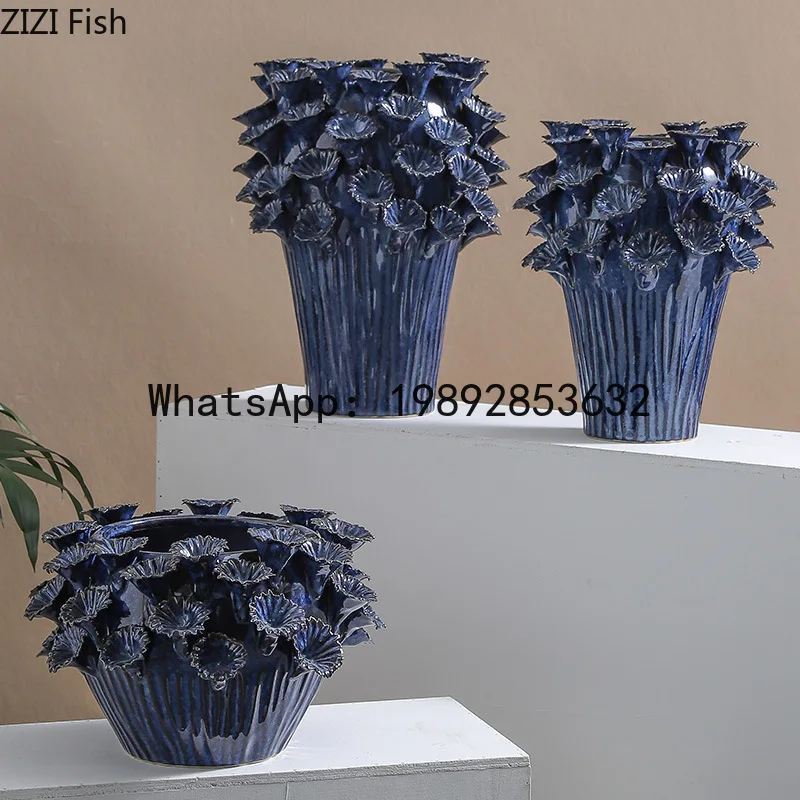 

Creative Deep Blue Flower Clusters Ceramic Vase Flower Pot Desk Decoration Flowers Arrangement Floral Vases Room Aesthetic
