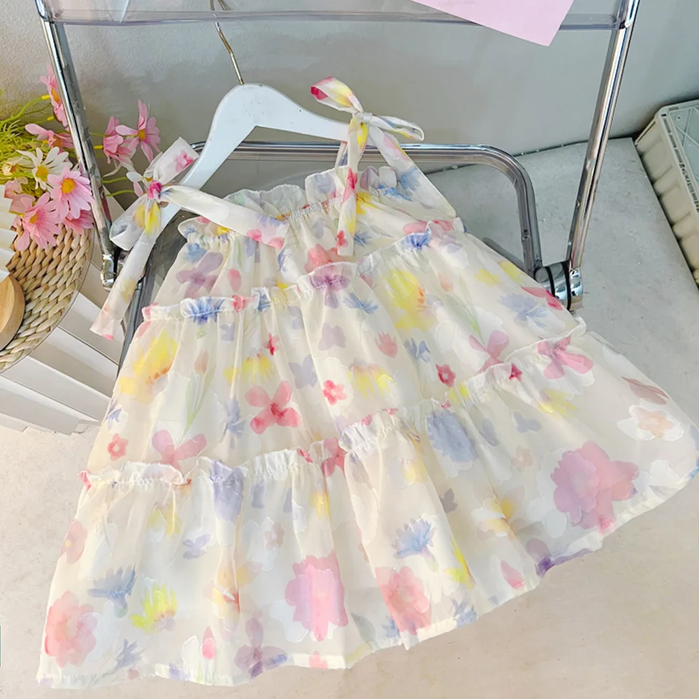 Baby Girls Summer Mesh Dress Colorful Floral Print Spaghetti Strap A-Line Ball Gown 1-5Y Kids Soft Casual Frocks