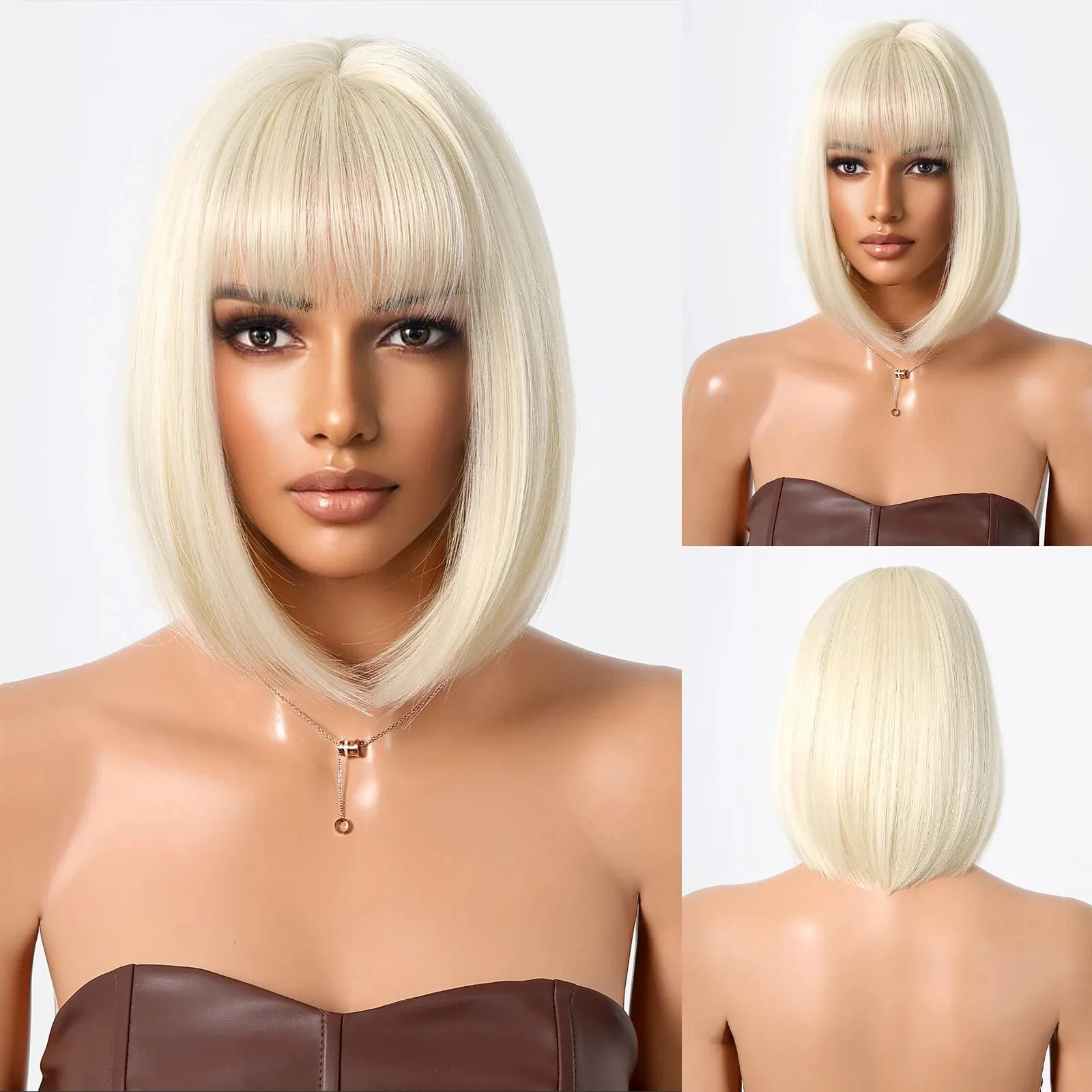 Platynowa blond peruka Bob z grzywką Syntetyczne peruki Cosplay z krótkimi prostymi włosami dla czarnych kobiet Żaroodporne imprezowe codzienne sztuczne włosy