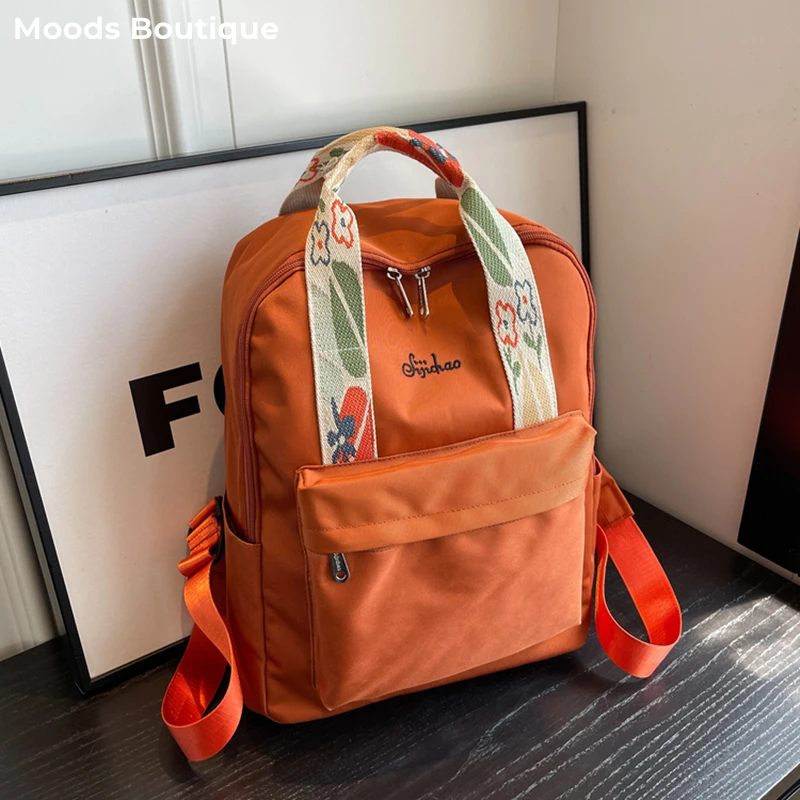 

Nylon Fabric Fashion Backpack For Women Floral Hand Strap Pure Color Large Capacity Travel Bag Multi-pocket School Book Rucksack