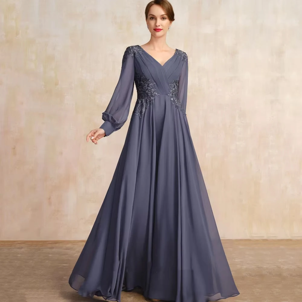 Personalizado chiffon uma linha elegante mãe de vestidos manga longa com decote em v formal vestido de noite applique vestido de festa de casamento
