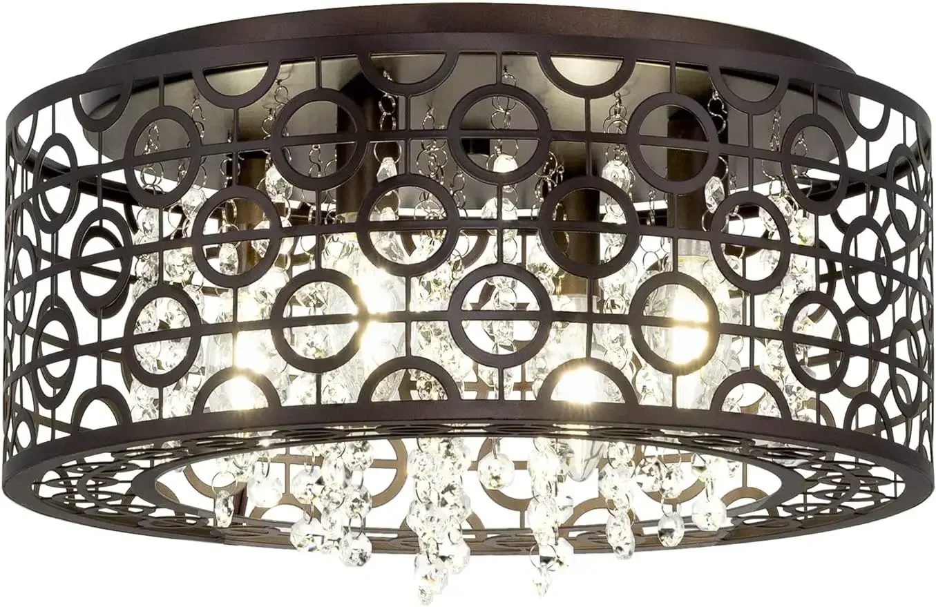 Crystal Ceiling Lamp  Modern Chic Light  Flush Pendant  Round Metal Shade, Dimmable, Oil Rubbed Bronze Finish