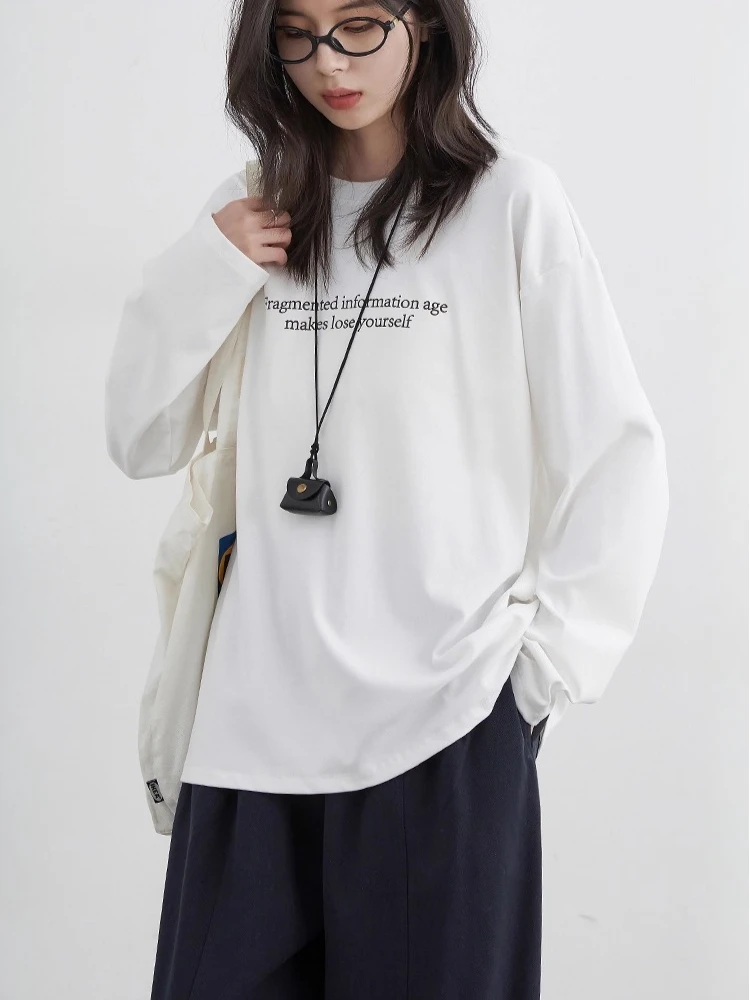 CHIC VEN Nowe damskie koszulki luźne, codzienne z okrągłym dekoltem, z długim rękawem, bazowe bluzki z nadrukiem liter, damskie topy jesień-zima 2025