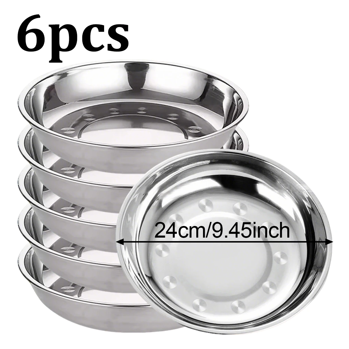 

9.45 Inch Stainless Steel Round Plate, Dinner Plate Dish, Reusable Serving Snack Eating Salad Dishes Non fragile plate Pack of 6