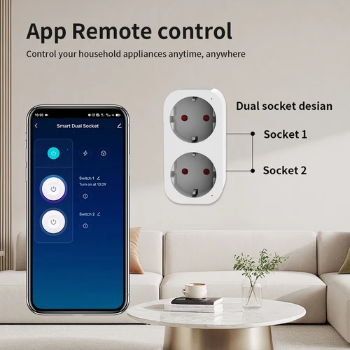 Imagen 2 del producto TNCE tuya wifi enchufe Dual 16A eu 2 enchufe en 1 Monitor de potencia vida inteligente Control remoto temporizador voz con Google Home Alexa Alice