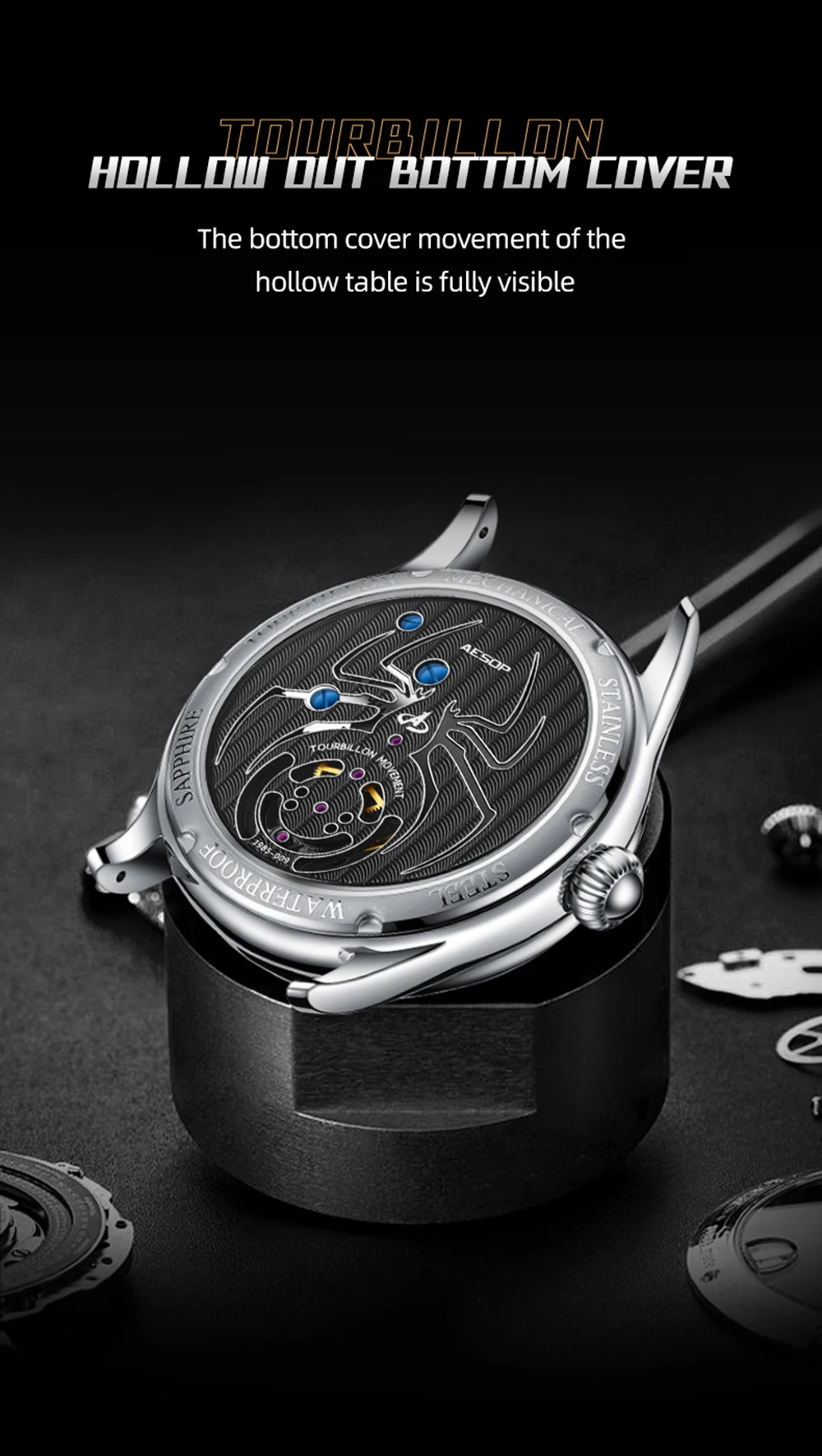 AESOP (7041G)Tourbillon Mechanical Watch 55H Power Reserve 30M Waterproof stainless steel/Genuine first-layer cowhide Strap