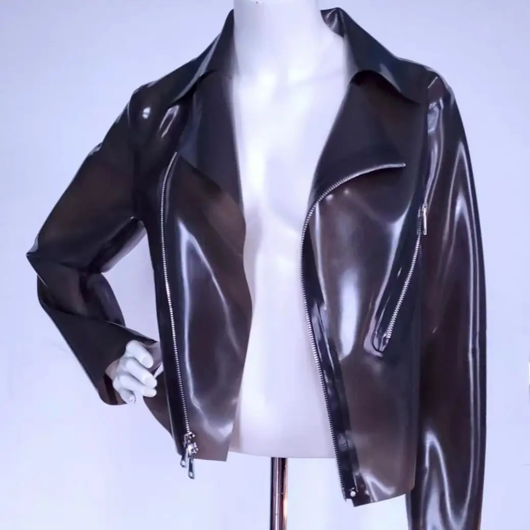 Handgemaakte vrouw latex bikerjack voorkant rits Gummi rubber casual top - afbeelding 2
