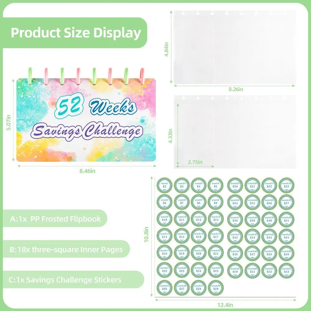 52 Weeks Savings Challenge Notebook Weekly Colorful Cash Envelope Saving Binder Multi Pockets Loose Leaf Budget Binder Planner