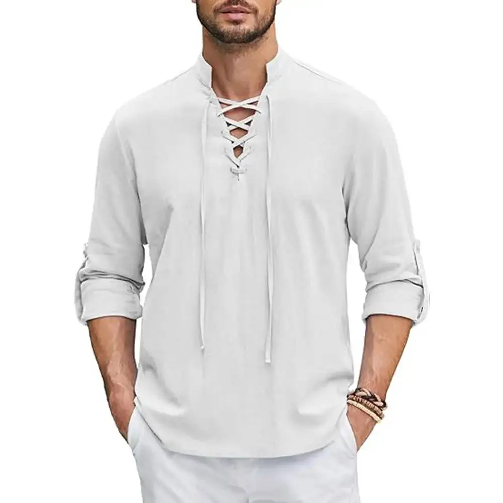 Mens Shirts Breathable Cotton Linen Henry Dress Chemise Formal Vintage Long Sleeve Blouse Social Camisa Lace Up Yoga Tees Shirt