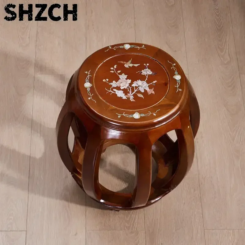 Antique Rosewood Drum Stool, Chinese Traditional Round Seat for Living Room & Guzheng, Solid Wood Low Stool for Balcony