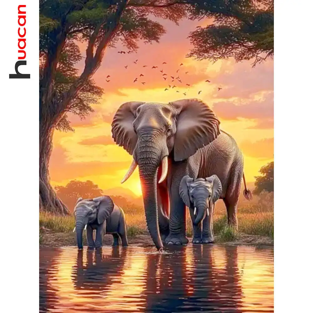 Huacan Elephant Sunset Landscape Diamond Mosaic 5D DIY Diamond Painting Art Wild Animals Wall Picture Living Room Home