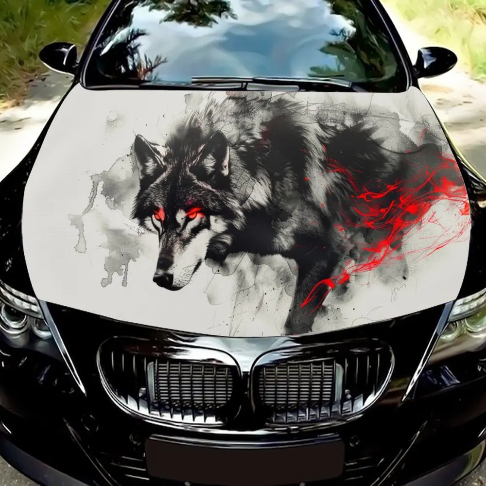 Fierce Walking Red Eyed Wolf Car Hood Wrap Color Vinyl Sticker Truck Graphic Bonnet Auto Accessories Decoration Decal Gift