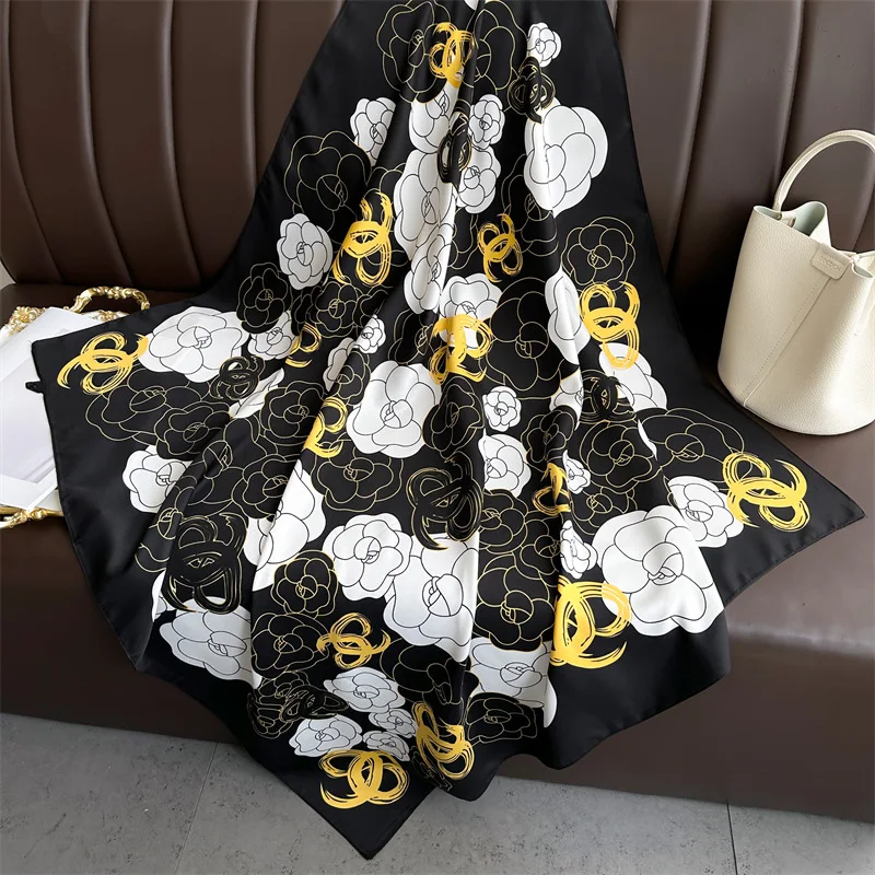 

Luxury Printing Silk Scarf 90*90CM Women Scarf Satin Twill Square Big Shawl Elegant Headscarf Roses Soft Neck Tie Bandana Lady