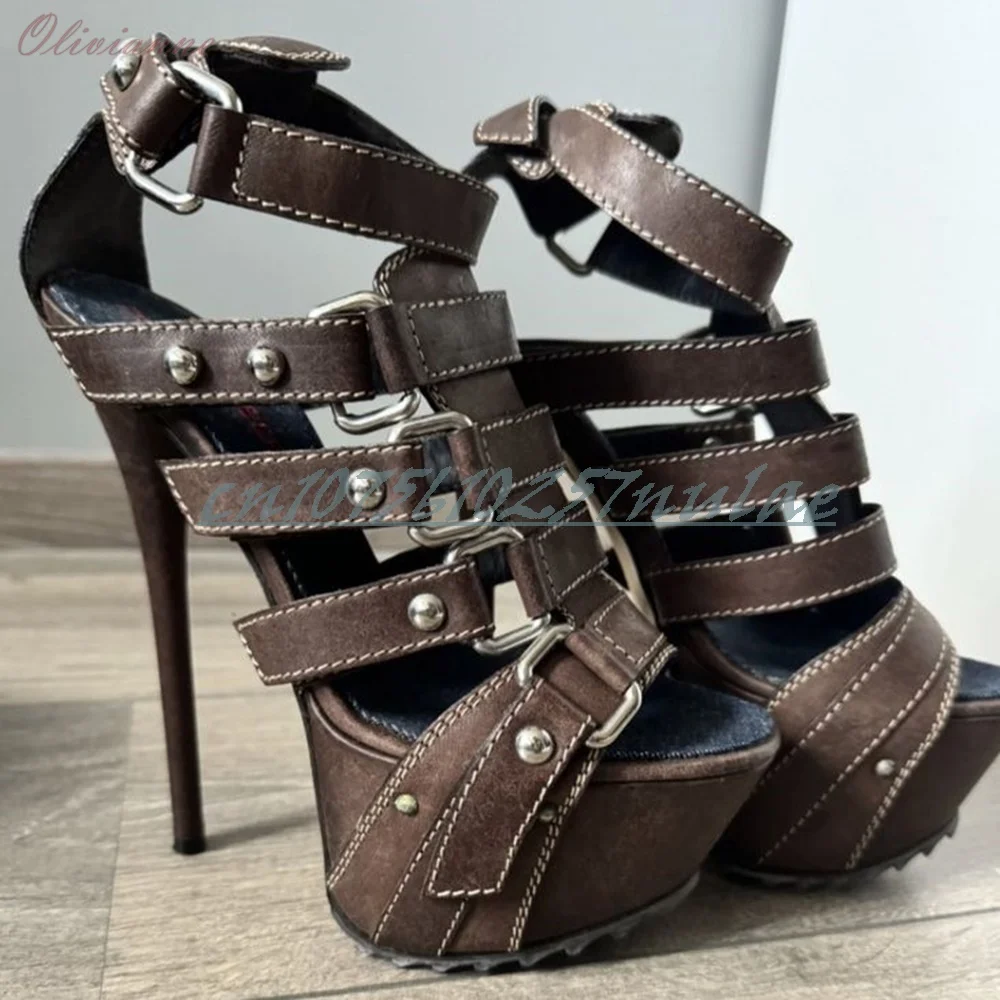 الصلبة مشبك أحزمة تصميم الصنادل جوفاء خنجر عالية الكعب منصة الساخن الفتيات مثير النساء أحذية 2025 الصيف Zapatos Para Mujere