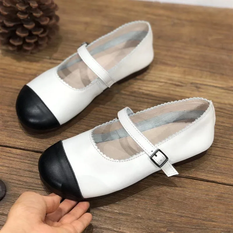 

Birkuir Mary Jane Shoes For Women Mixed Colors Low Heel Soft Soles Flats Genuine Leather Round Toe Buckle Ladies White Shoes