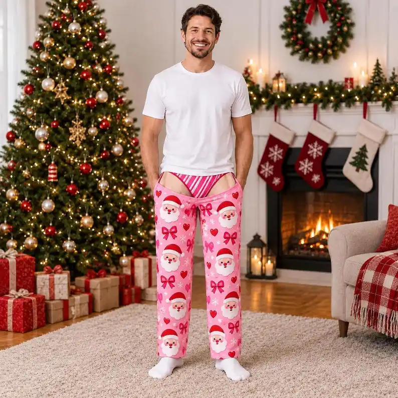 Men Funny Pink Christmas Pajama Pants Santa Heart Bow Print Fake Thong Cutout Wide Leg Trousers Novelty Xmas Holiday Party Prank