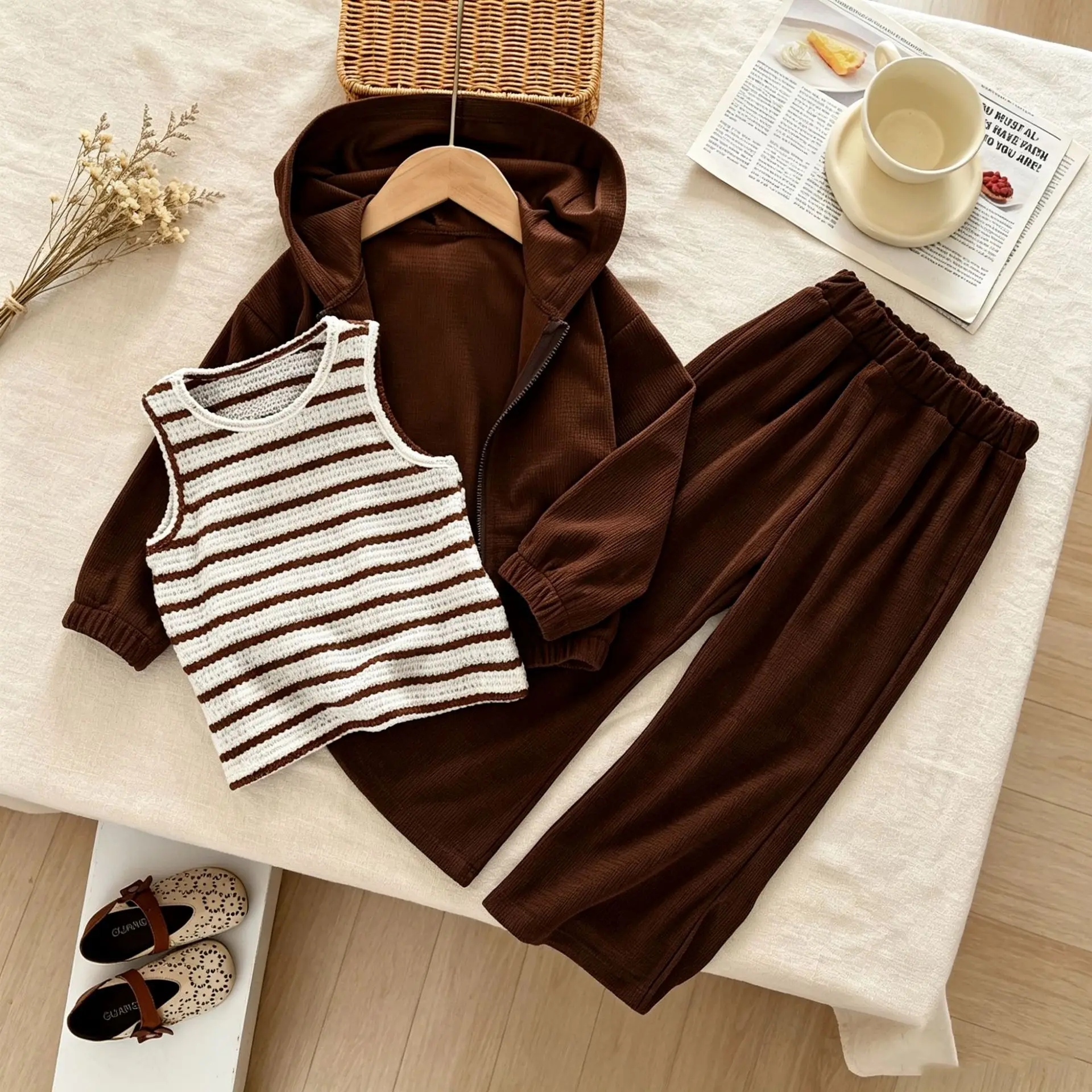 Autumn New Girls Suit Striped Vest Hooded Zipper Long Sleeved Jacket Long Pants Three Piece Set Cross-border Children Clothing