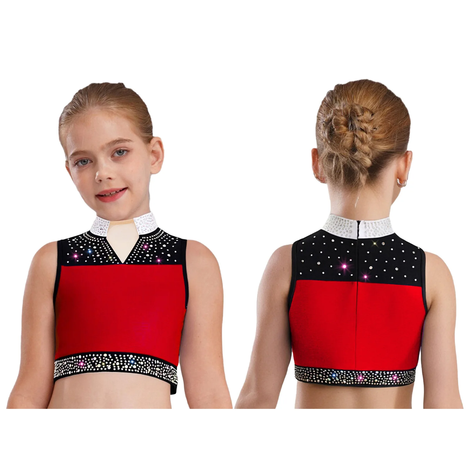 キッズガールズラインストーン叙情的コンテンポラリーダンスパフォーマンスコスチュームノースリーブクロップトップ体操フィギュアスケートダンスウェア