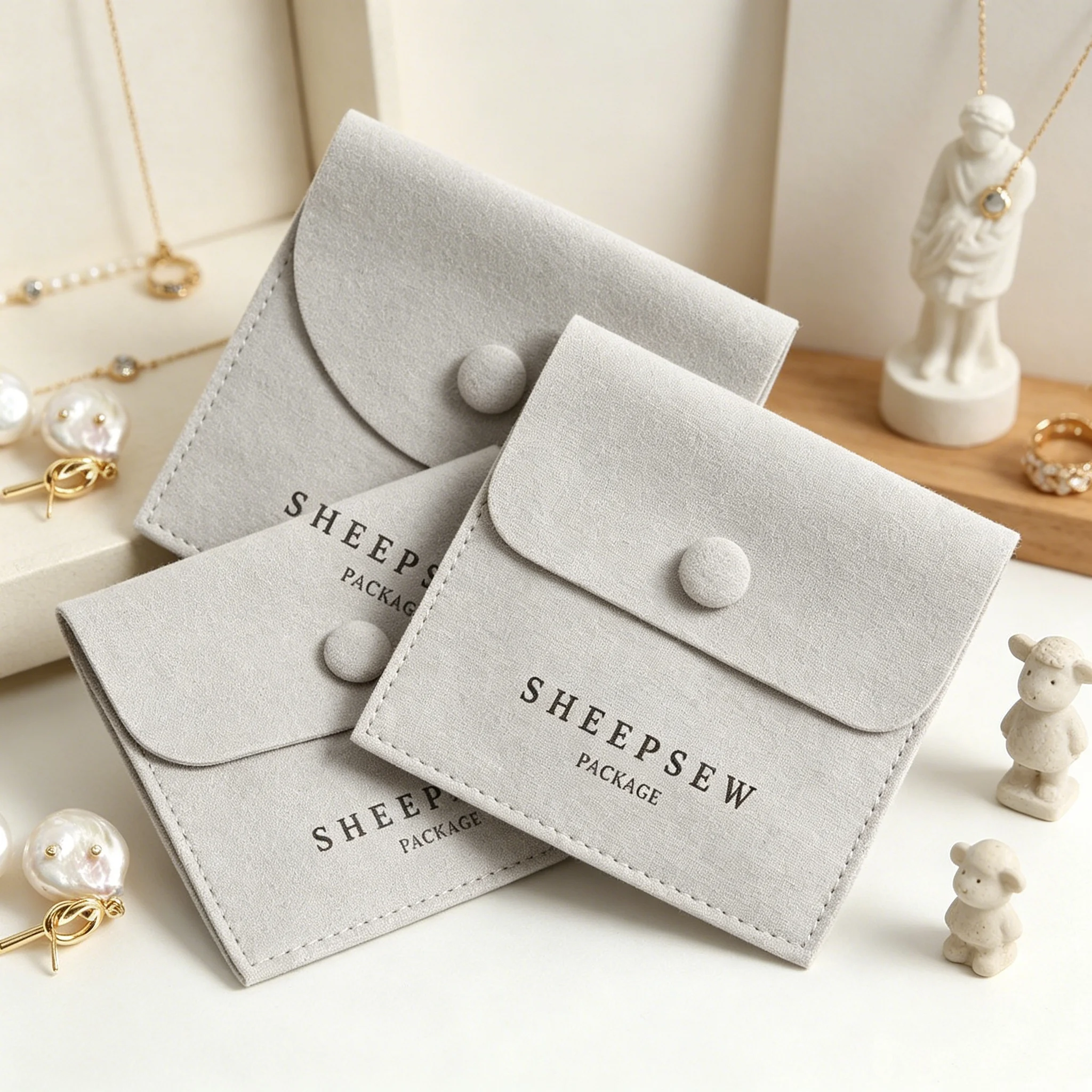 

SHEEPSEW Custom Logo Luxury Microfiber Envelope Earring Packaging with Botton Closure Jewelry Pouch