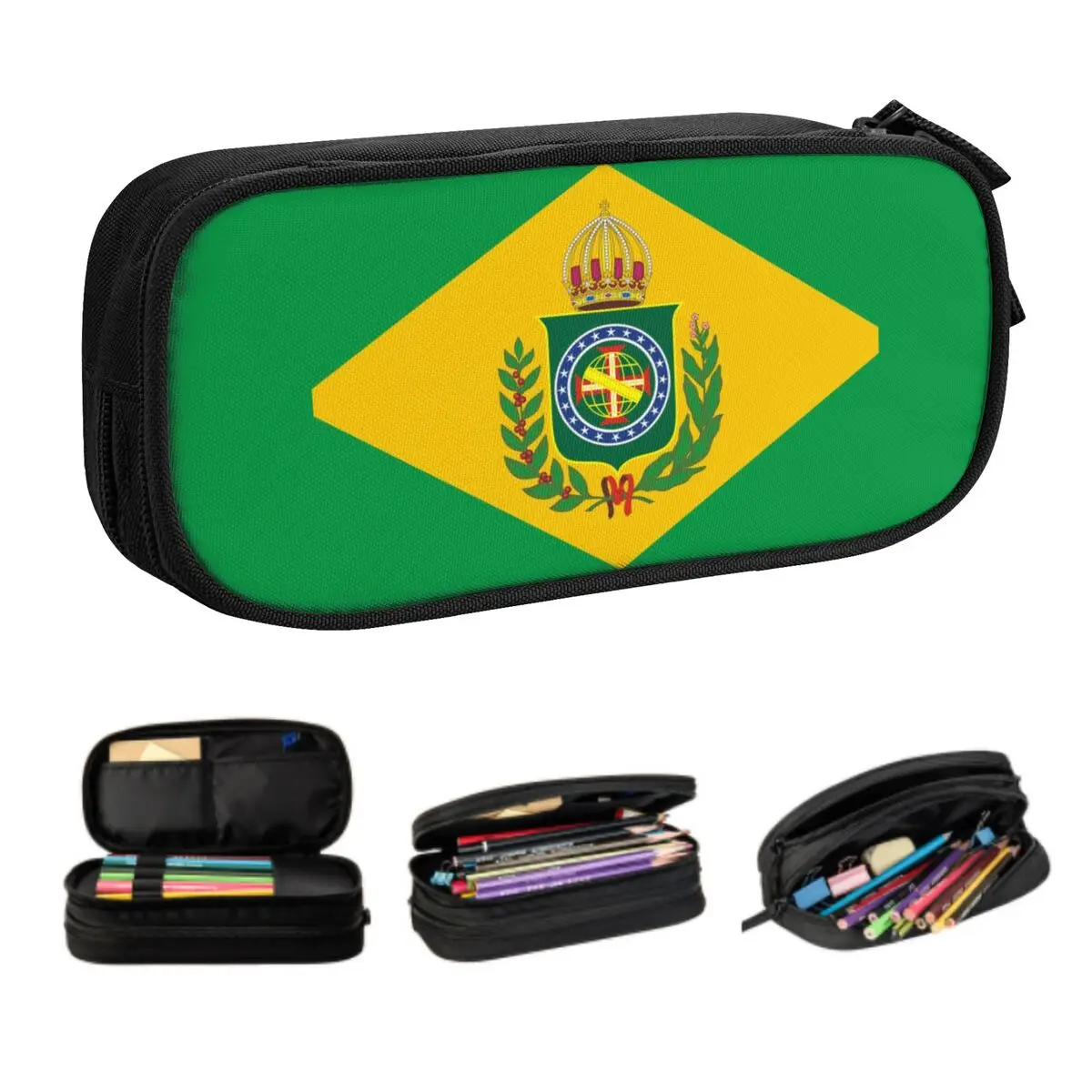 Custom Empire Of Brazil Flag Kawaii Pencil Case Boys Gilrs Large Capacity Brazilian Coat Of Arms Pencil Box Student School