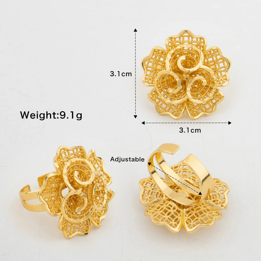 9PCS Random Rings Dubai 18K Gold Plated Flower Ring Brazilian Women Wedding Bride Jewellery Resizable Ring Jewelry Accessories