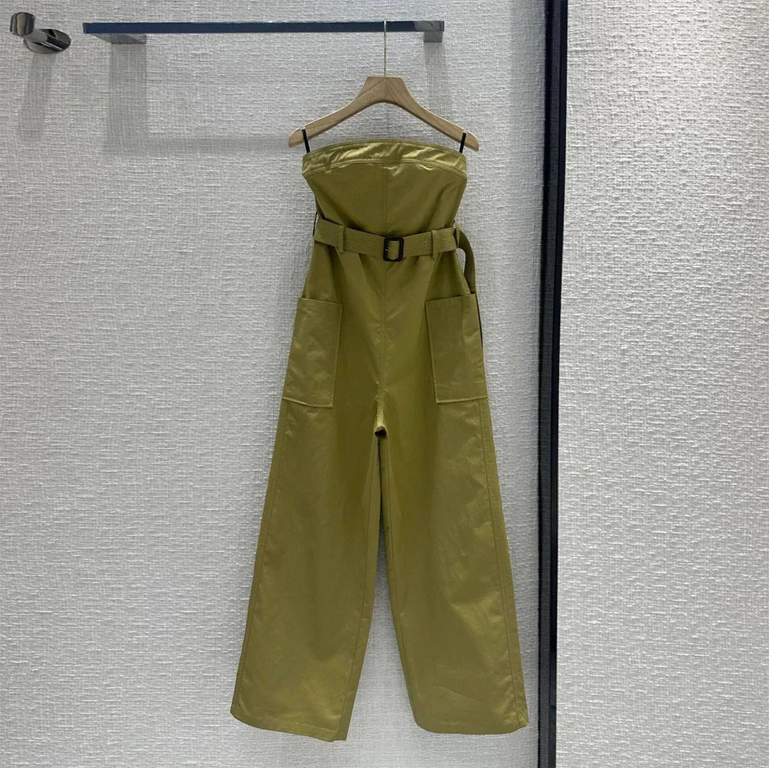 

New Summer Fashion Army Green Jumpsuits Women Sexy Slash Neck Sleeveless Wide Belt High Wasit Long Pants Elegant Lady Overalls