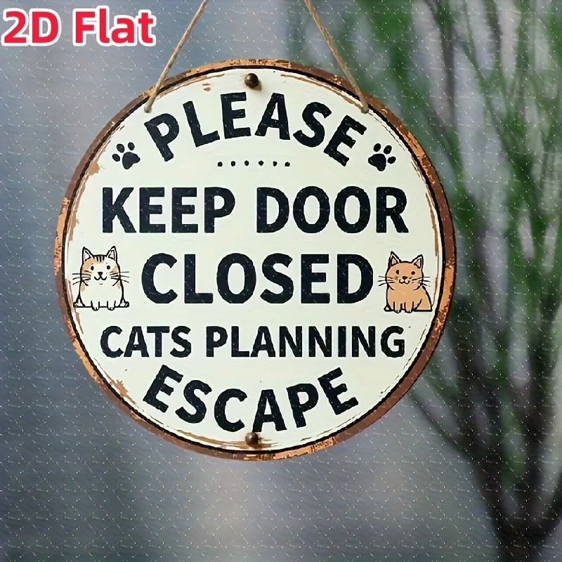 2D Flat - 1pc "Please Keep Door Closed, Cats Planning Escape" Humorous Wooden Wall Sign - Rustic Farmhouse Decor with Cartoon Ca