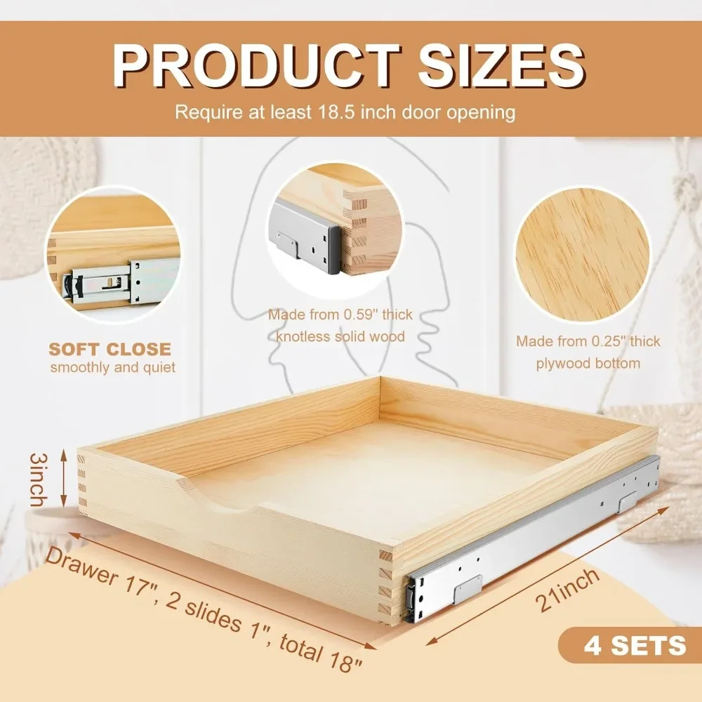 4 Set Rak Gulung Tutup Lembut Organizer Kabinet Baki Tarik Kayu, Lemari Dapur Rak Dapur Geser Rakitan Sepenuhnya