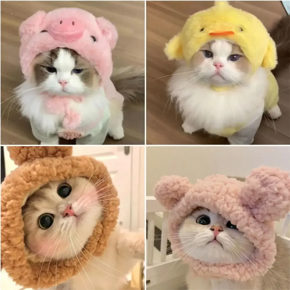 귀여운 곰 토끼 후드 애완 동물 고양이 개 액세서리 코스프레 고양이 모자, 사랑스러운 새해 강아지 헤드기어, 부드러운 벨벳 애완 동물 용품, 겨울
